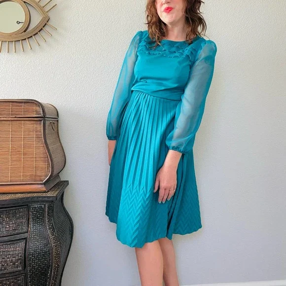 Vintage | Dresses | Vintage 7s80s Sheer Sleeve Pleated Aline Fit Flare Disco  Dress By Jenny Sz M | Poshmark